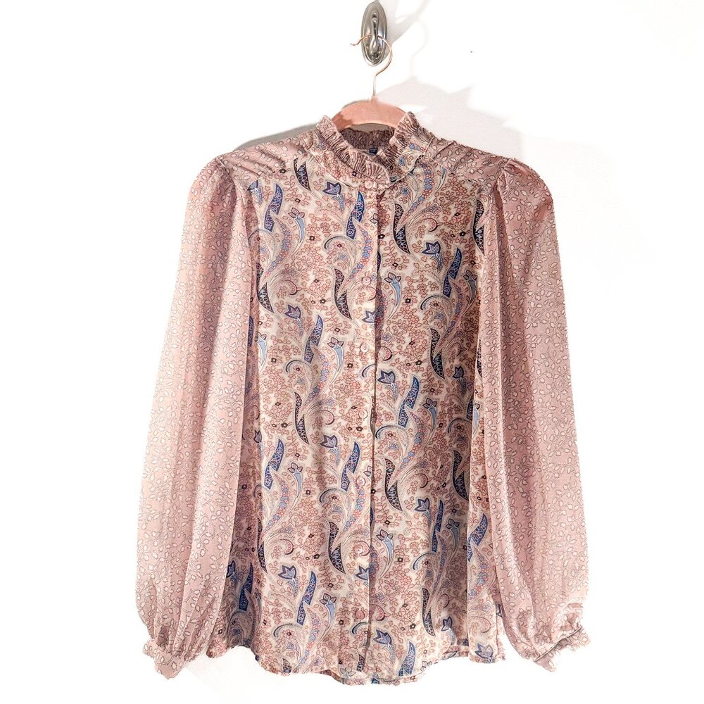 ESQUALO Paisley Sheer Blush Pink Button-up Blouse Bohemian Women's 4 Office Work